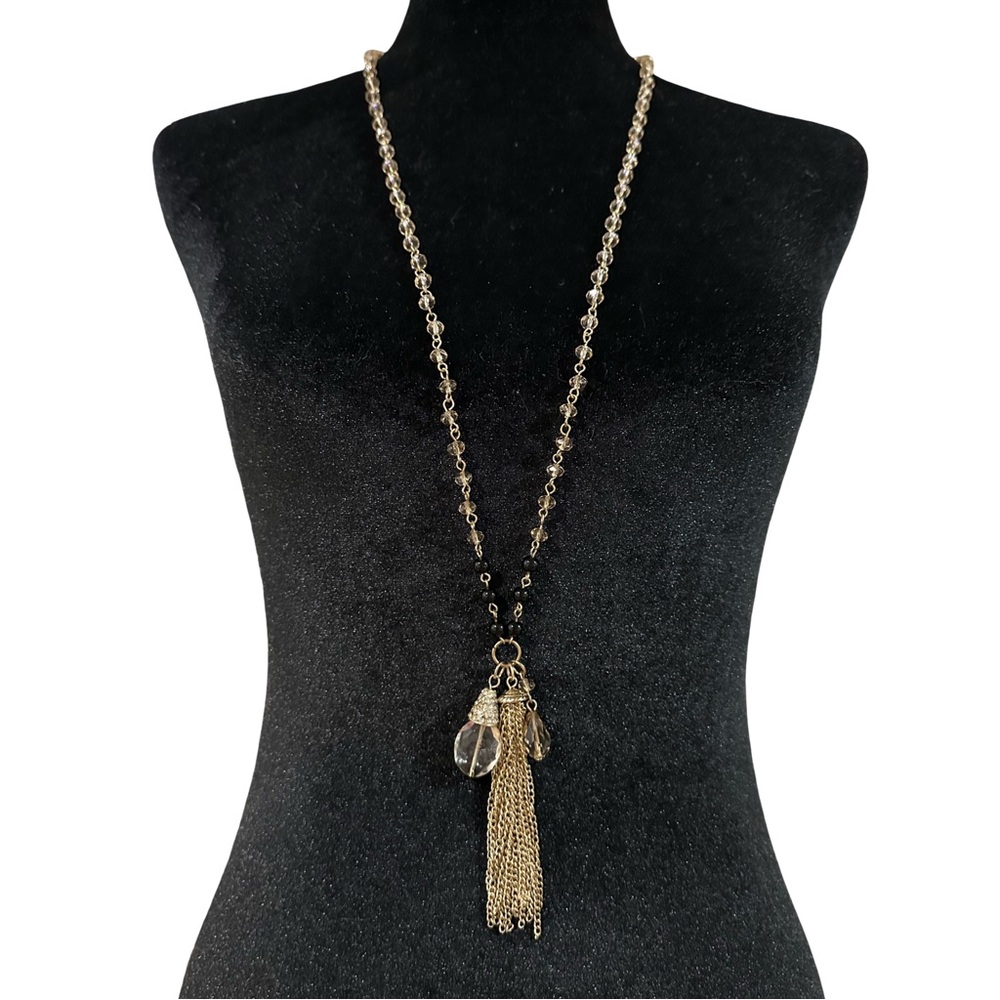 Beaded Tassel Necklace 36 Inch Length Rhinestone Accent